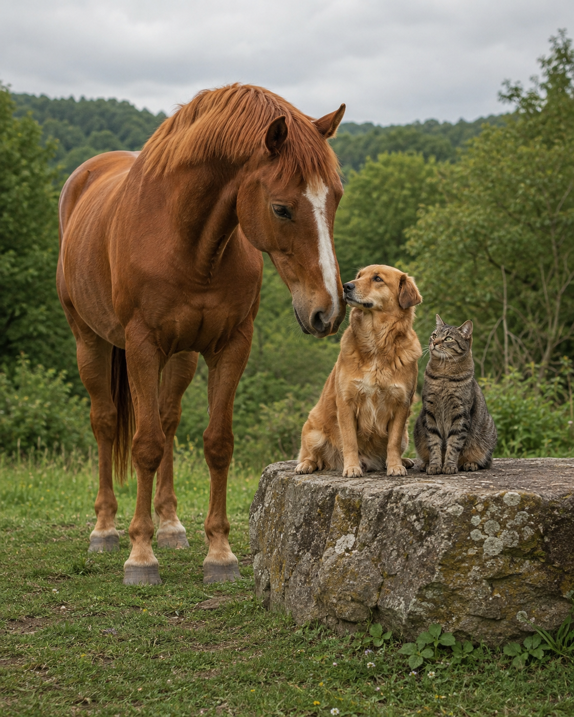 Pferd, Hund und Katze begegnen sich aufmerksam in der Natur