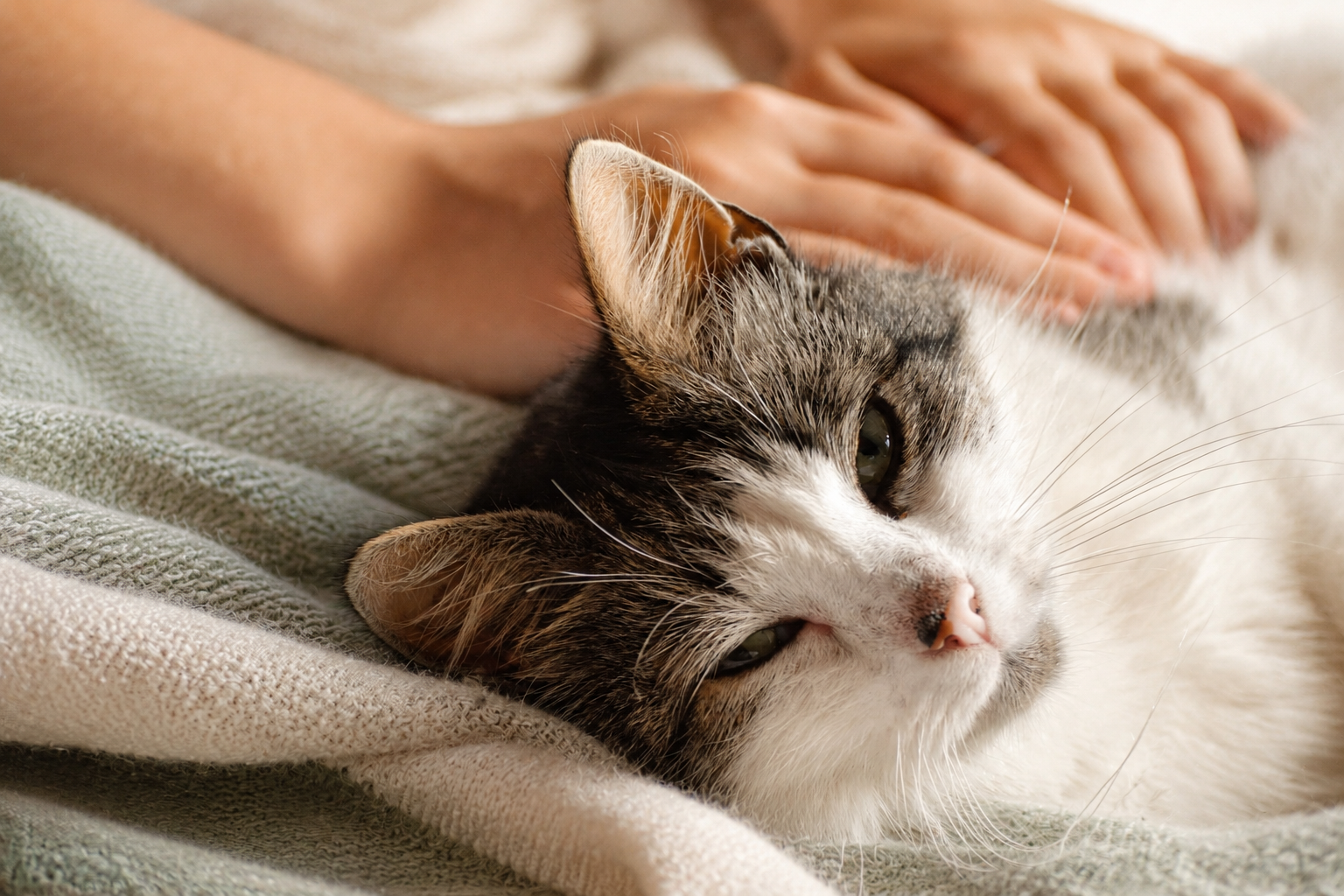 Eine Katze entspannt in der Nähe ihres Menschen